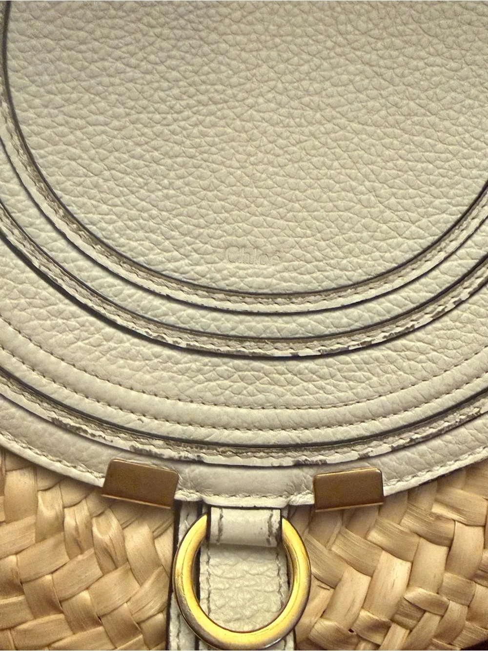 Chloe, beautiful White leather, and Straw Saddle Crossbody Bag with Gold Accent